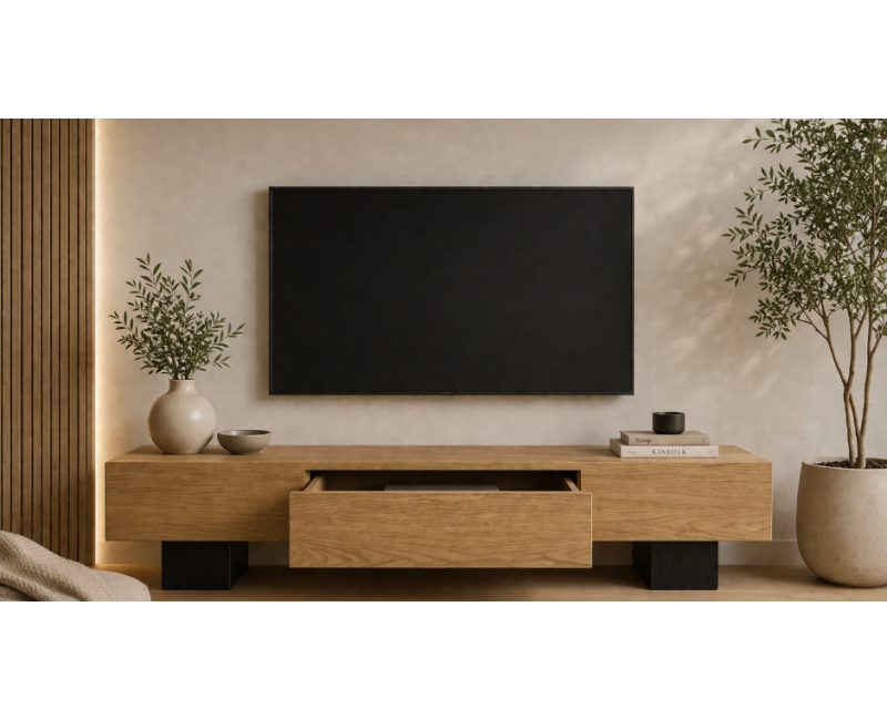 Mueble TV CARRO de madera de roble con cajón central y puertas laterales a medida