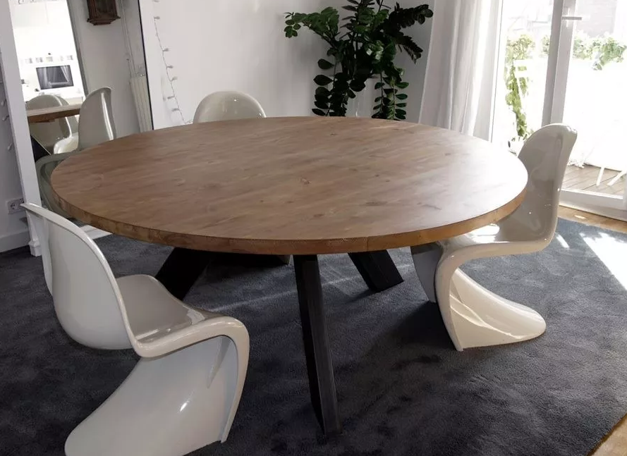 Mesa OSTOS de Comedor Industrial – Chapa de Roble y Hierro Redonda a Medida vista 5 – mesa de comedor a medida madera | Look