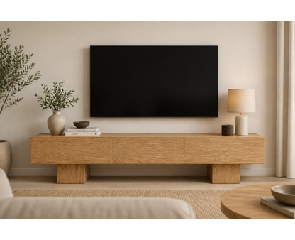 Mueble TV CARRO de madera de roble a medida con diseño limpio y estructura maciza
