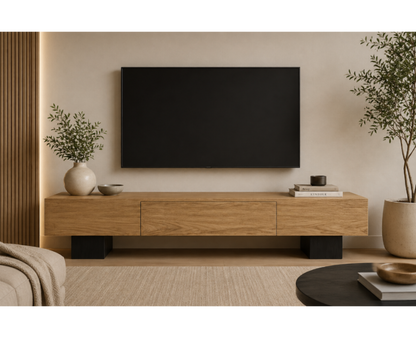 Mueble TV CARRO de madera de roble con cajón central y puertas laterales a medida