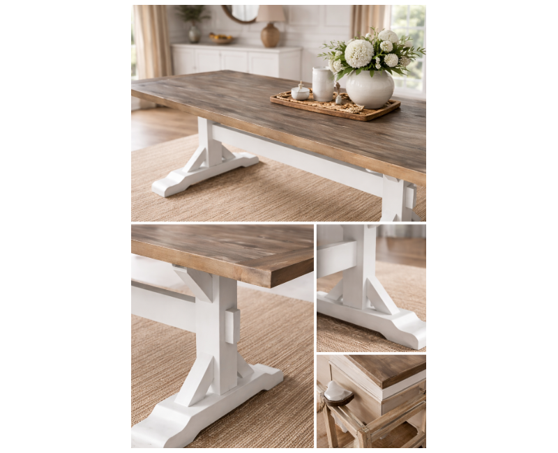 Mesa de comedor CAMDEN de madera de pino con tapa de 40 mm y estructura cruzada