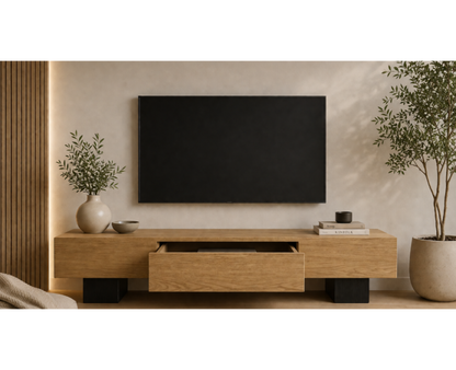 Mueble TV CARRO de madera de roble con cajón central y puertas laterales a medida