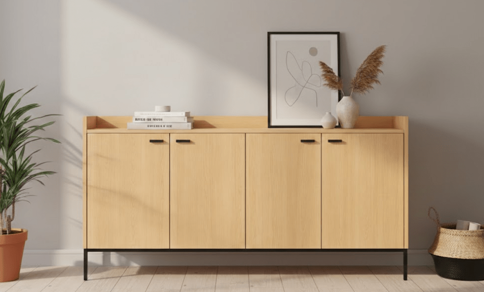 Aparador LAVORA 4 puertas con base de hierro en chapa roble - Manuel Interiorismo