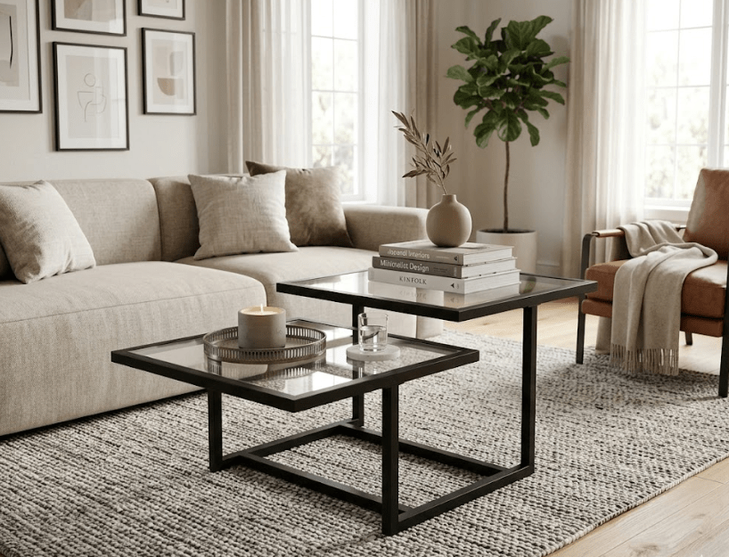 Mesa centro ALLEGRA doble altura de cristal y hierro - Manuel Interiorismo