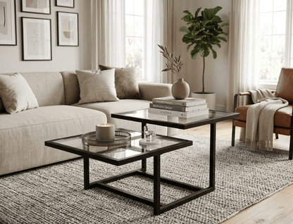 Mesa centro ALLEGRA doble altura de cristal y hierro - Manuel Interiorismo