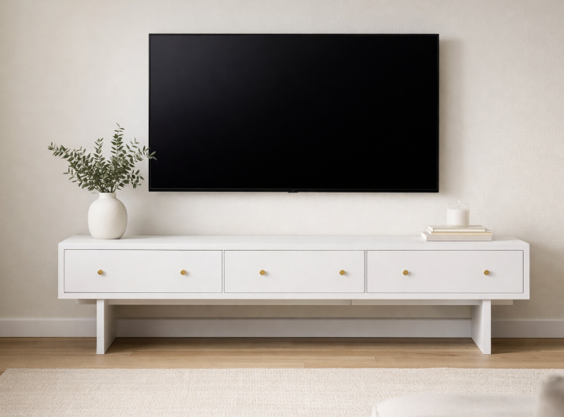 Mueble TV BONIT 3 cajones en chapa roble detalle – mueble TV a medida madera | Look Vintage