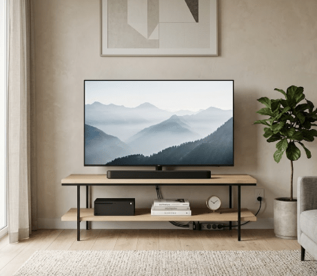 Mueble TV DEMA en chapa roble y hierro - Manuel Interiorismo