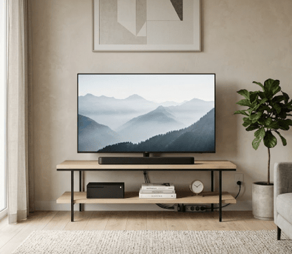 Mueble TV DEMA en chapa roble y hierro - Manuel Interiorismo