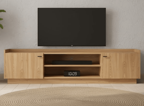 Mueble TV LAVORA 2 puertas en madera de roble con tapa bandeja y zócalo - Manuel Interiorismo