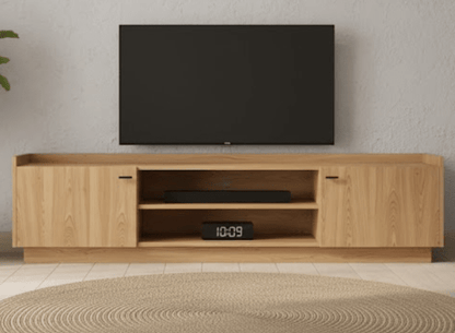 Mueble TV LAVORA 2 puertas en madera de roble con tapa bandeja y zócalo - Manuel Interiorismo