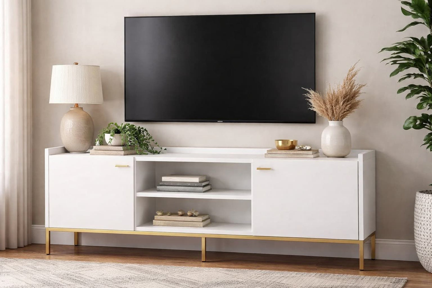 Mueble TV LAVORA con puertas, hueco central y bancada detalle – mueble TV a medida madera | Look Vintage