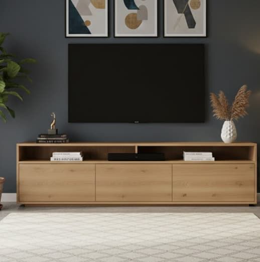 Mueble TV NIVORA 3 puertas en chapa roble detalle – mueble TV a medida madera | Look Vintage