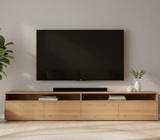 Mueble TV NIVORA 4 puertas con huecos en chapa roble - Manuel Interiorismo