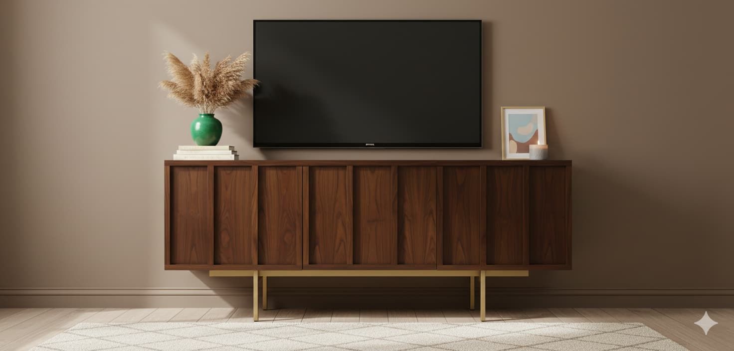 Mueble TV PALI 3 puertas con bancada de hierro en chapa roble - Manuel Interiorismo